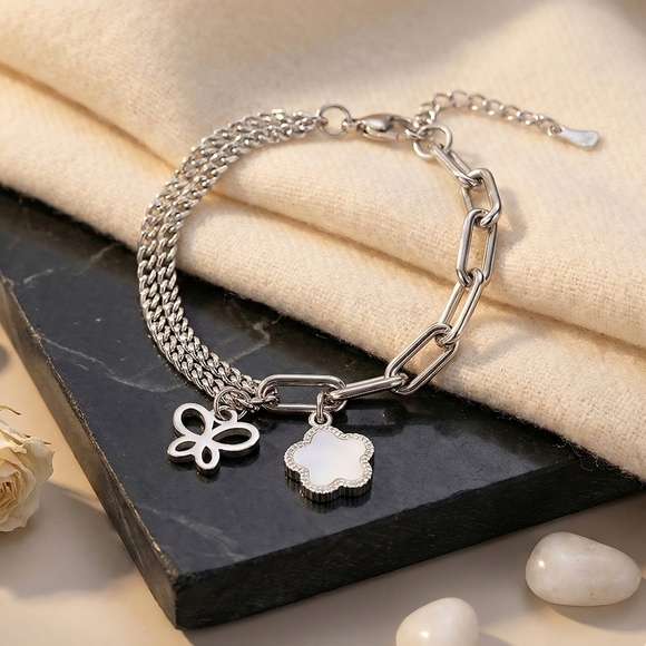 NKULTD Jewelry - 18K White Gold Plated Stainless Steel Butterfly Flower Charm Link Bracelet
